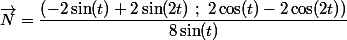 \vec{N}=\dfrac{\left( -2 \sin(t) +2\sin(2t) ~;~ 2 \cos(t) - 2\cos(2t)\right)}{8\sin (t)}